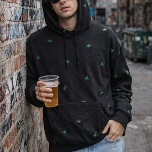 Black Hoodie Green Leaf 420 Embroidered Pullover Sweatshirt L Indie Sleaze Festi